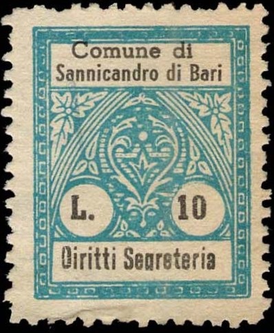 Marca da Bollo del Comune di SANNICANDRO DI BARI su Carta Bianca di dimensioni 21,5 x 27 mm