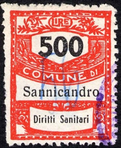 Marca da Bollo del Comune di SANNICANDRO DI BARI su Carta Bianca Sottile di dimensioni 22,5 x 29 mm