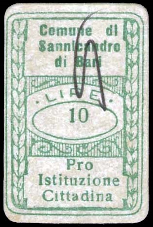 Marca da Bollo del Comune di SANNICANDRO DI BARI su Carta Bianca di dimensioni 20 x 30 mm