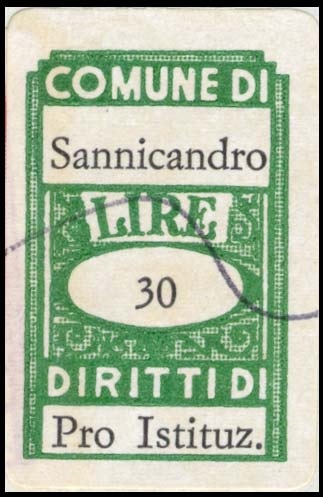 Marca da Bollo del Comune di SANNICANDRO DI BARI su Carta Bianca di dimensioni 18 x 28,5 mm
