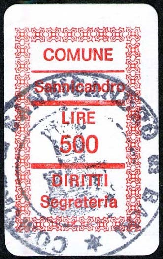 Marca da Bollo del Comune di SANNICANDRO DI BARI su Carta Bianca di dimensioni 18 x 29 mm