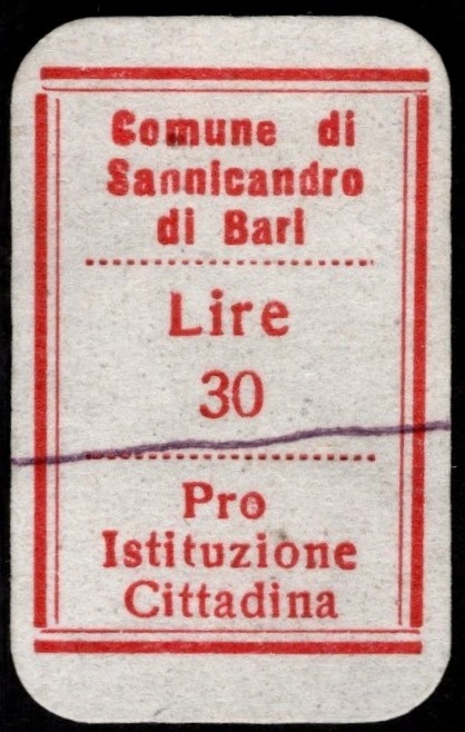 Marca da Bollo del Comune di SANNICANDRO DI BARI su Carta Bianca di dimensioni 18 x 29 mm