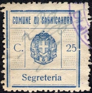 Marca da Bollo del Comune di SANNICANDRO GARGANICO su Carta Bianca Sottile di dimensioni 25 x 27 mm