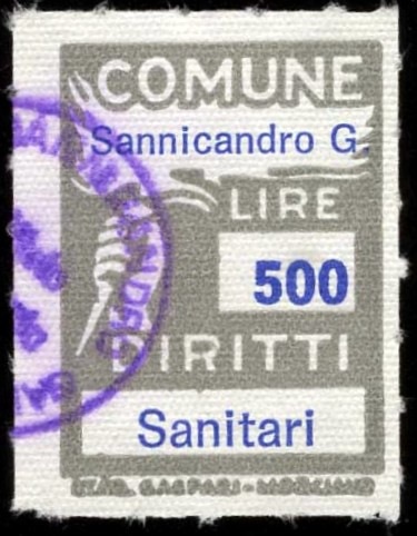 Marca da Bollo del Comune di SANNICANDRO GARGANICO su Carta Bianca di dimensioni 18,5 x 26 mm