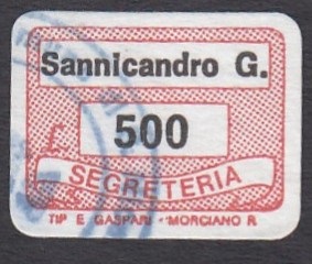 Marca da Bollo del Comune di SANNICANDRO GARGANICO su Carta Bianca di dimensioni 19 x 14,5 mm