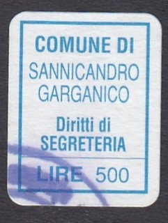 Marca da Bollo del Comune di SANNICANDRO GARGANICO su Carta Bianca di dimensioni 15 x 14,5 mm