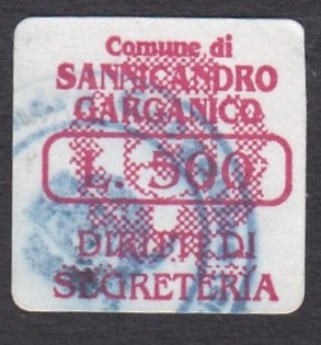 Marca da Bollo del Comune di SANNICANDRO GARGANICO su Carta Bianca di dimensioni 18,5 x 19,5 mm
