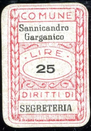 Marca da Bollo del Comune di SANNICANDRO GARGANICO su Carta Bianca di dimensioni 20 x 30 mm