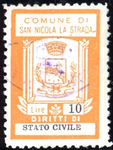 Marca da Bollo del Comune di SAN NICOLA LA STRADA su Carta Bianca Sottile di dimensioni 20 x 29 mm