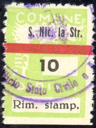 Marca da Bollo del Comune di SAN NICOLA LA STRADA su Carta Bianca di dimensioni 23,5 x 24,5 mm