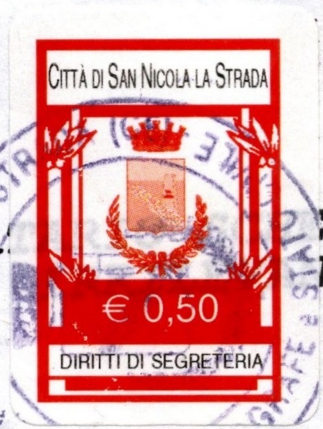 Marca da Bollo del Comune di SAN NICOLA LA STRADA su Carta Bianca di dimensioni 21 X 27 mm