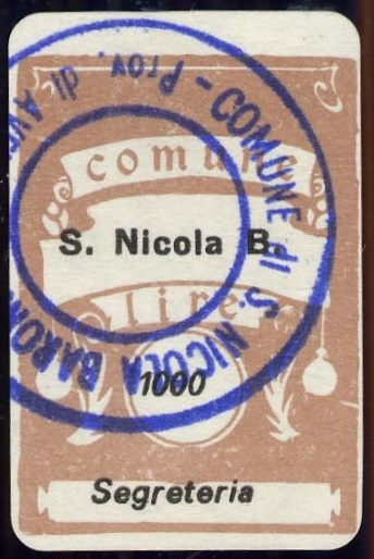 Marca da Bollo del Comune di SAN NICOLA BARONIA su Carta Bianca di dimensioni 20,5 x 28 mm