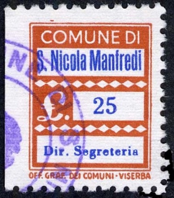 Marca da Bollo del Comune di SAN NICOLA MANFREDI su Carta Bianca di dimensioni 17 x 22,5 mm