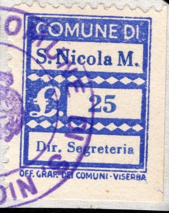 Marca da Bollo del Comune di SAN NICOLA MANFREDI su Carta Bianca di dimensioni 17 x 22,5 mm