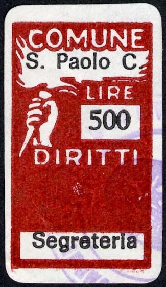 Marca da Bollo del Comune di SAN PAOLO CERVO su Carta Bianca di dimensioni 19,5 x 31 mm