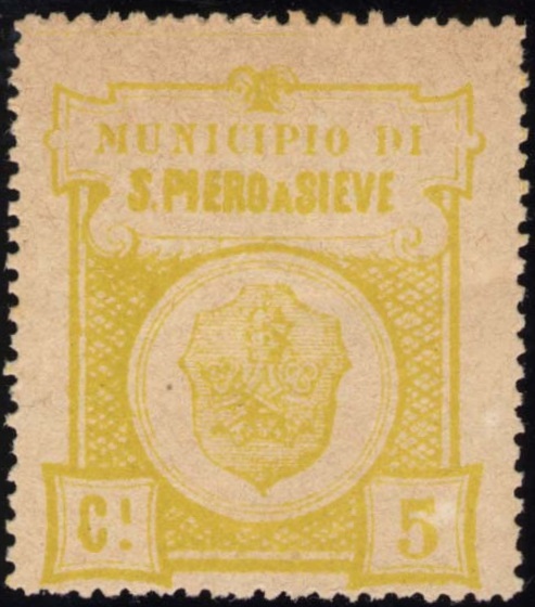 Marca da Bollo del Comune di SAN PIERO A SIEVE su Carta Bianca di dimensioni 28 x 33 mm