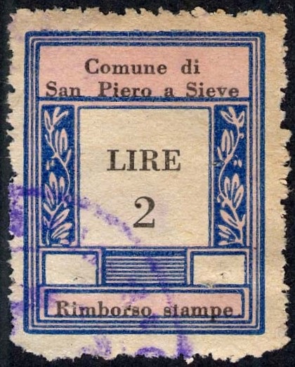 Marca da Bollo del Comune di SAN PIERO A SIEVE su Carta Bianca di dimensioni 23 X 30 mm