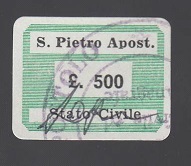 Marca da Bollo del Comune di SAN PIETRO APOSTOLO su Carta Bianca di dimensioni 21 x 15 mm