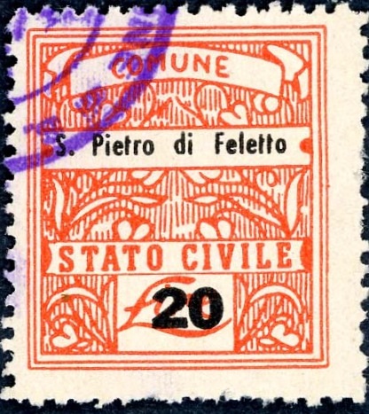 Marca da Bollo del Comune di SAN PIETRO DI FELETTO su Carta Bianca di dimensioni 22 x 26 mm