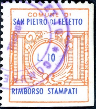 Marca da Bollo del Comune di SAN PIETRO DI FELETTO su Carta Bianca di dimensioni 21 x 25 mm