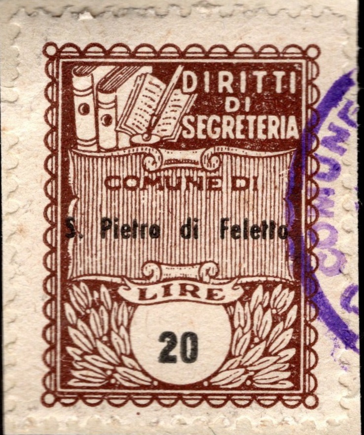 Marca da Bollo del Comune di SAN PIETRO DI FELETTO su Carta Bianca di dimensioni 21 x 25 mm