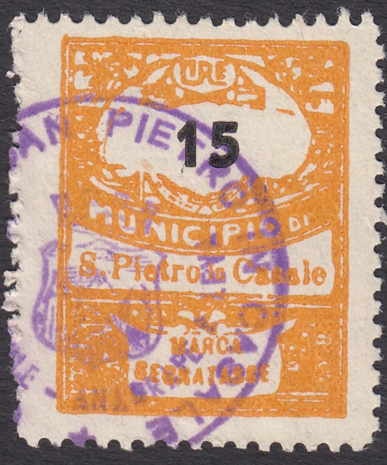 Marca da Bollo del Comune di SAN PIETRO IN CASALE su Carta Bianca Sottile di dimensioni 21,5 x 28 mm
