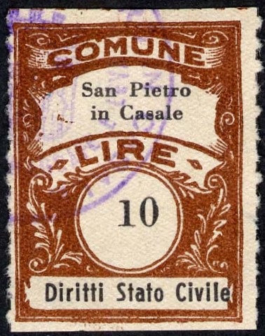 Marca da Bollo del Comune di SAN PIETRO IN CASALE su Carta Bianca Sottile di dimensioni 22,5 x 29 mm