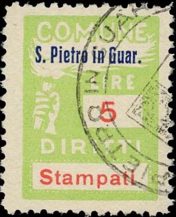Marca da Bollo del Comune di SAN PIETRO IN GUARANO su Carta Bianca di dimensioni 18,5 x 26 mm