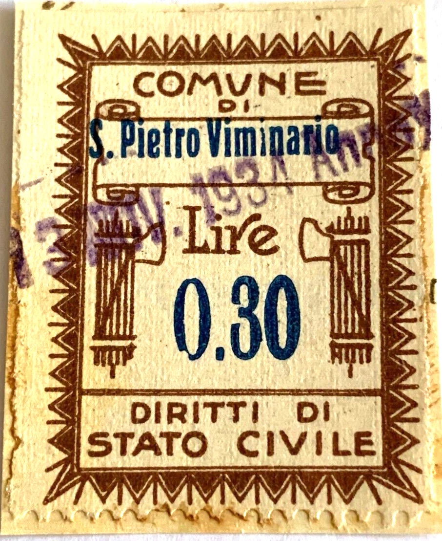 Marca da Bollo del Comune di SAN PIETRO VIMINARIO su Carta Bianca di dimensioni 21 X 32 mm