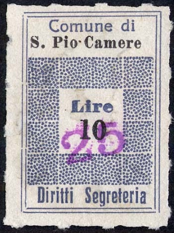 Marca da Bollo del Comune di SAN PIO DELLE CAMERE su Carta Bianca Sottile di dimensioni 19,5 x 28,5 mm
