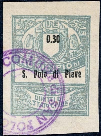 Marca da Bollo del Comune di SAN POLO DI PIAVE su Carta Bianca di dimensioni 23 x 29 mm