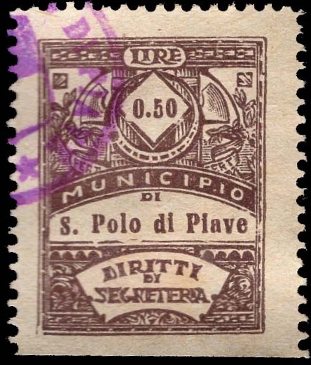 Marca da Bollo del Comune di SAN POLO DI PIAVE su Carta Bianca di dimensioni 22,5 x 29 mm