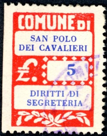 Marca da Bollo del Comune di SAN POLO DEI CAVALIERI su Carta Bianca Sottile di dimensioni 20 x 28 mm