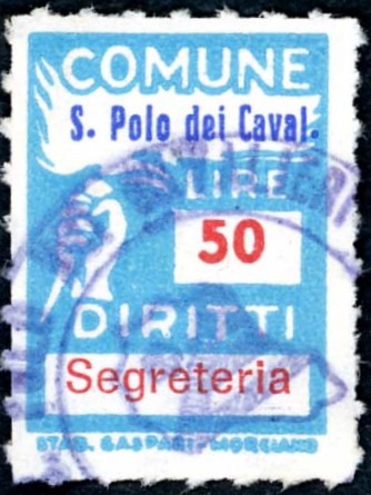 Marca da Bollo del Comune di SAN POLO DEI CAVALIERI su Carta Bianca Sottile di dimensioni 18,5 x 25,5 mm