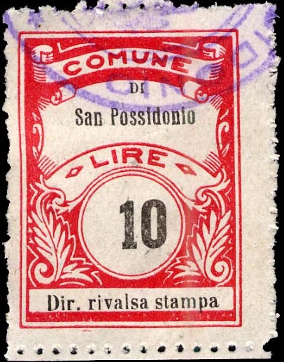 Marca da Bollo del Comune di SAN POSSIDONIO su Carta Bianca di dimensioni 22,5 x 29 mm