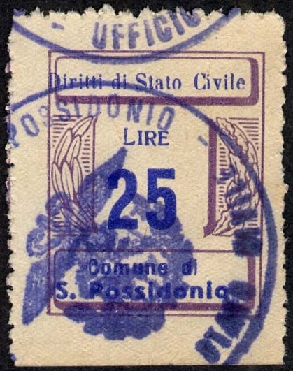 Marca da Bollo del Comune di SAN POSSIDONIO su Carta Bianca di dimensioni 21 x 26,5 mm