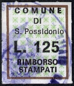 Marca da Bollo del Comune di SAN POSSIDONIO su Carta Bianca di dimensioni 17,5 x 22 mm