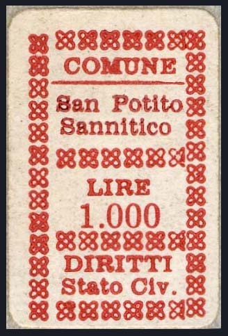 Marca da Bollo del Comune di SAN POTITO SANNITICO su Carta Bianca di dimensioni 17,5 x 29 mm
