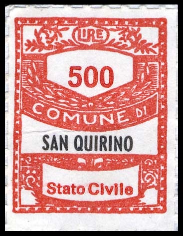 Marca da Bollo del Comune di SAN QUIRINO su Carta Bianca di dimensioni 22 x 25,5 mm
