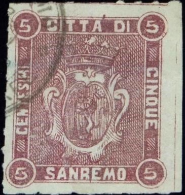 Marca da Bollo del Comune di SANREMO su Carta Bianca Sottile di dimensioni 24 x 27 mm