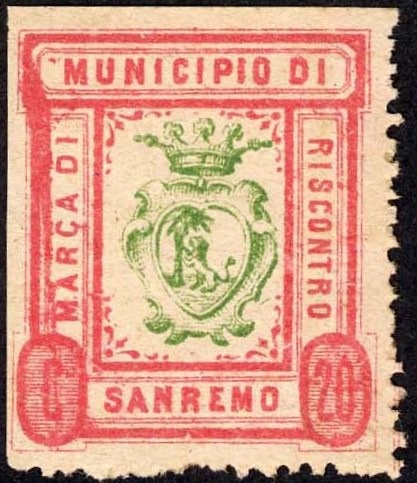 Marca da Bollo del Comune di SANREMO su Carta Bianca di dimensioni 25 x 29 mm