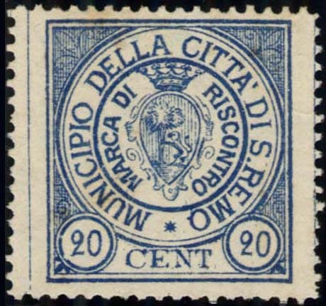 Marca da Bollo del Comune di SANREMO su Carta Bianca di dimensioni 24 x 26 mm