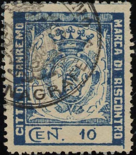 Marca da Bollo del Comune di SANREMO su Carta Bianca Sottile di dimensioni 25 x 30 mm