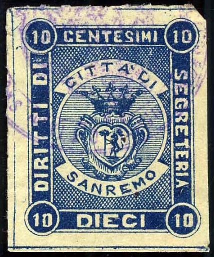 Marca da Bollo del Comune di SANREMO su Carta Bianca Sottile di dimensioni 24 x 30 mm