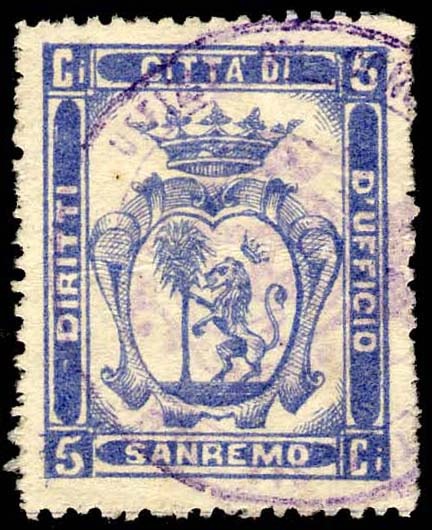 Marca da Bollo del Comune di SANREMO su Carta Bianca Sottile di dimensioni 24 x 30,5 mm