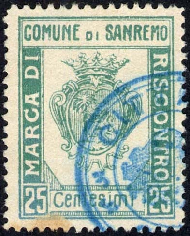 Marca da Bollo del Comune di SANREMO su Carta Bianca Sottile di dimensioni 22 x 29 mm