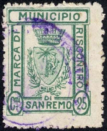 Marca da Bollo del Comune di SANREMO su Carta Bianca Sottile di dimensioni 20 x 26 mm
