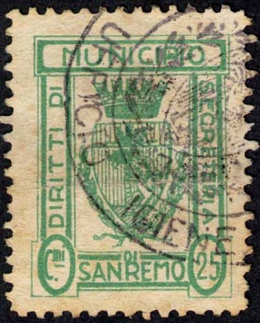 Marca da Bollo del Comune di SANREMO su Carta Bianca di dimensioni 19 x 26 mm