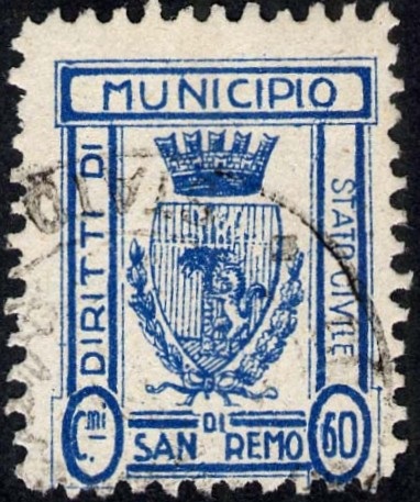 Marca da Bollo del Comune di SANREMO su Carta Bianca di dimensioni 19 x 26 mm