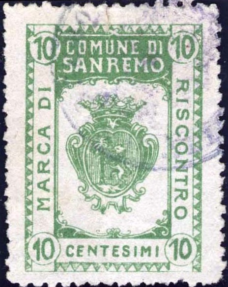 Marca da Bollo del Comune di SANREMO su Carta Bianca Sottile di dimensioni 25 x 35,4 mm